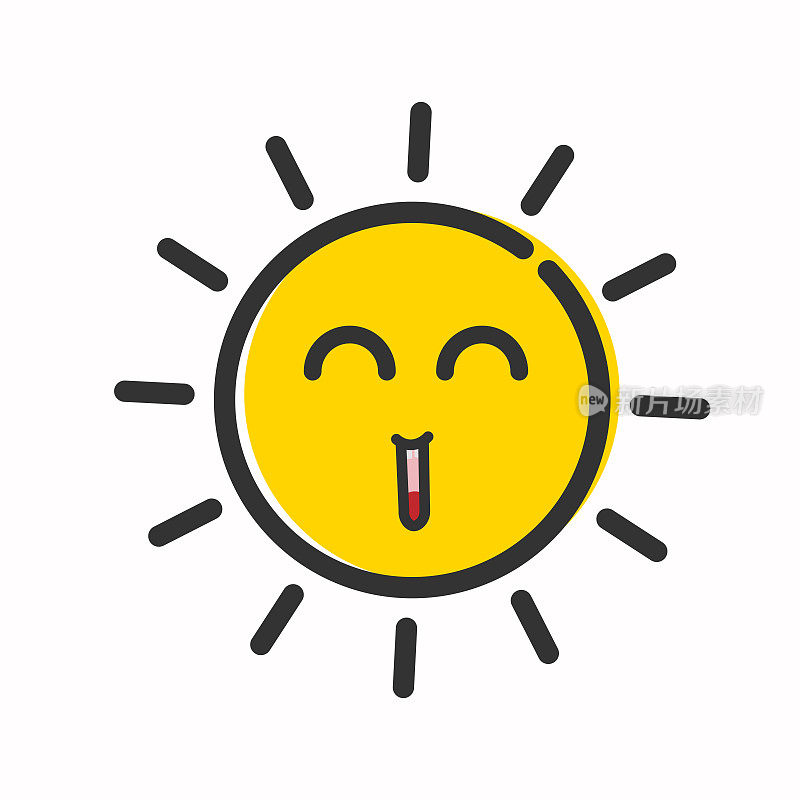 卡通风格黑色轮廓配黄色中心笑脸明亮阳光，可爱的夏日阳光图标