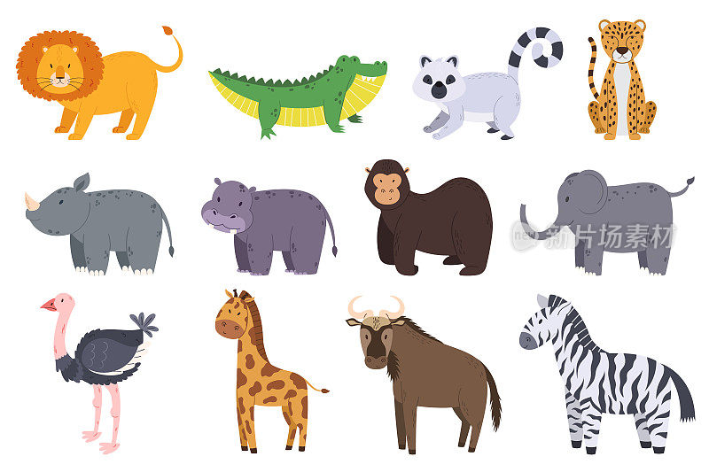 非洲野生动物狮子，鳄鱼，狐猴和猎豹。犀牛，河马，大猩猩和大象