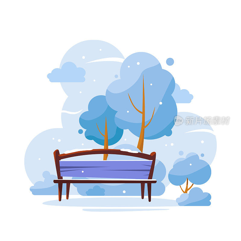 冬天公园里的长凳。平的插图