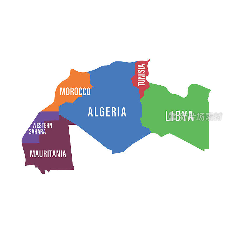 马格里布国家联盟地图。西北非洲国家。孤立的矢量图