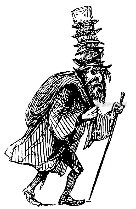 一个鹰钩鼻子和棍子的人，在他的头上堆叠帽子，侧视图