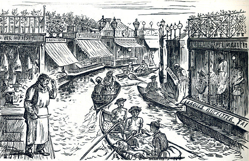 泰晤士河船屋和商店19世纪插图