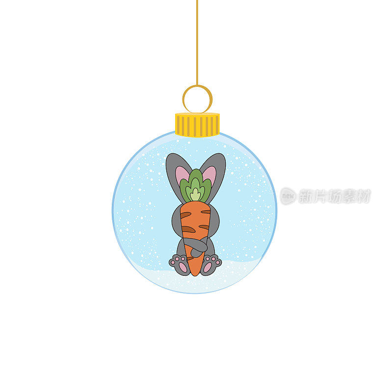 一个有可爱兔子的圣诞树球。圣诞树的装饰以白色为背景。象征着新年的快乐，庆祝圣诞节的节日，冬天。
