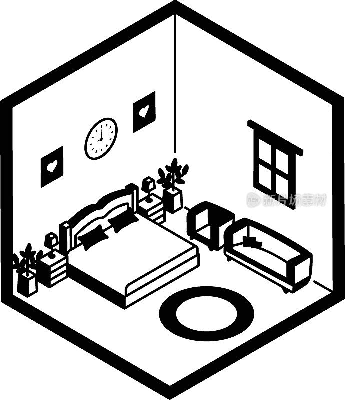 超大床矢量等距图标设计，紧凑的生活空间符号，室内装饰标志，低聚家庭办公房间库存插图，现代设计的舒适卧室与家具概念