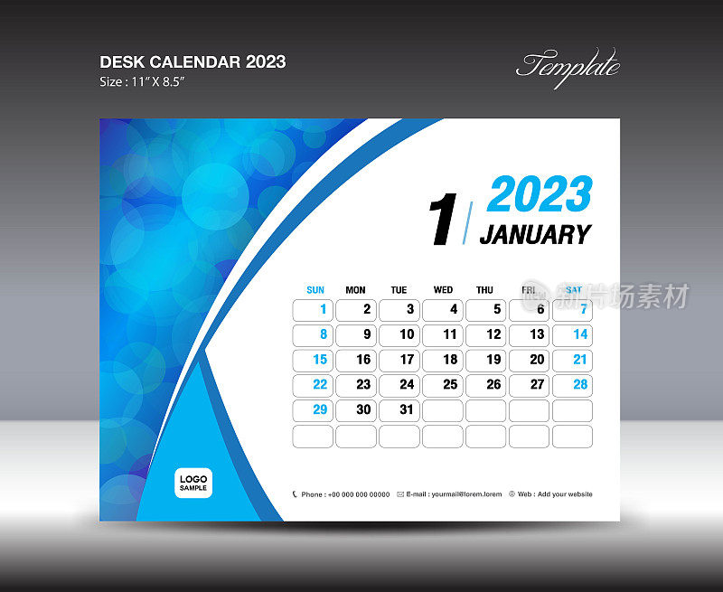 2023年一月模板-台历2023年模板，2023年挂历2023年，每周开始周日，记事本设计，文具设计，传单设计，印刷媒体，蓝色曲线背景矢量