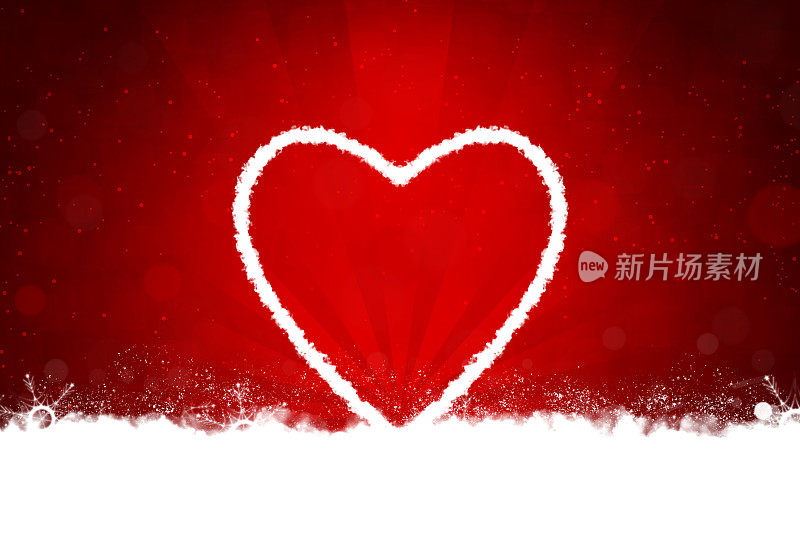 银白色的三维或三维水平圣诞背景与一个大的心和太阳爆发或阳光明亮的充满活力的红色栗色节日发光闪闪的背景情人纪念日浪漫的贺卡，