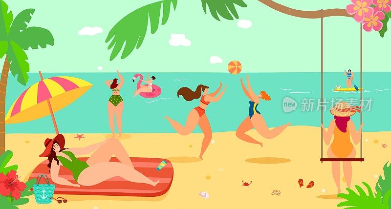 夏季海滨度假旅游，矢量插图。海洋热带度假胜地，适合少女女性性格放松休息。