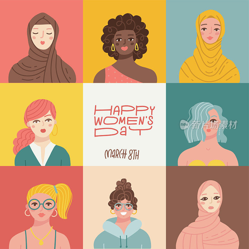 妇女节快乐贺卡。3月8日旗帜。国际妇女节。不同肤色和种族的女性在不同颜色的方格里。平面手绘矢量插图。