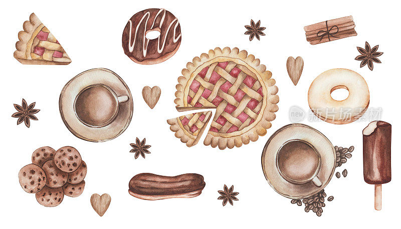 水彩插图。手绘甜甜圈，派，爱斯基摩冰淇淋，一杯咖啡，尼斯星，饼干，肉桂，泡芙。米色、棕色的甜食。孤立的剪贴艺术菜单，印刷品