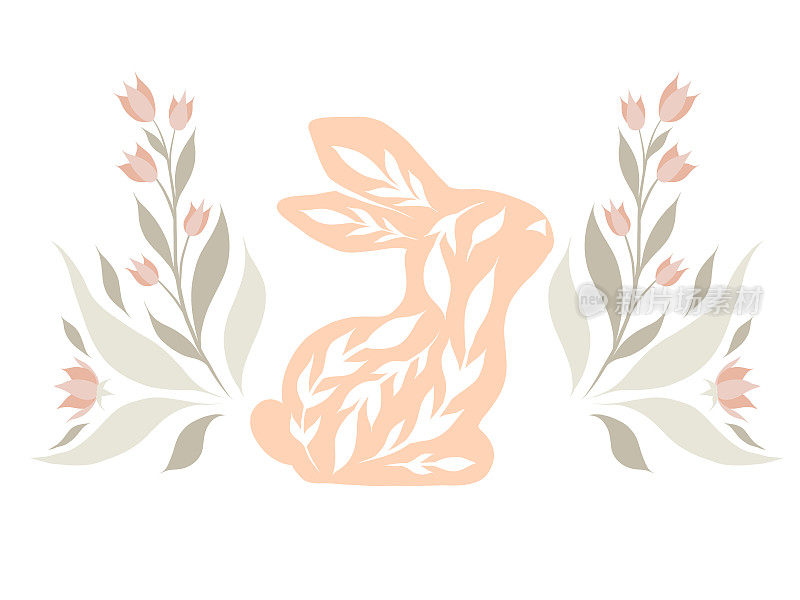 卡片与可爱的装饰兔子花环与茎和花在柔和的颜色。矢量民间艺术野兔与树叶。水平平缓剪纸