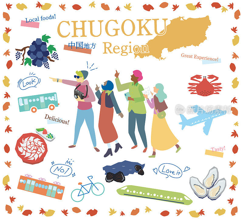 在日本Chugoku地区享受秋天美食观光的游客，一组图标(平)