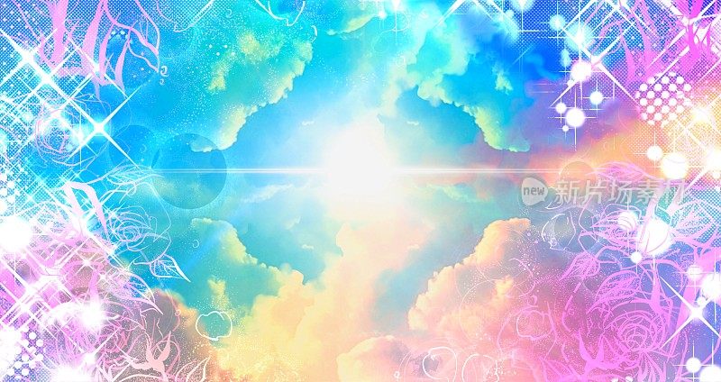 梦幻背景插图的钢笔画框彩色玫瑰和美丽的彩虹云海和天堂的光。
