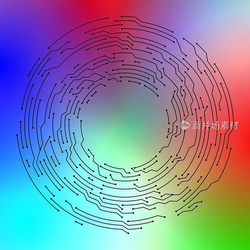 多色电路板风格抽象圆形电子背景图案。