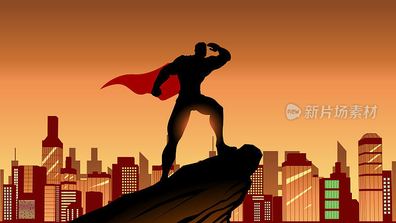 矢量超级英雄看着远处的轮廓在一个城市股票插图