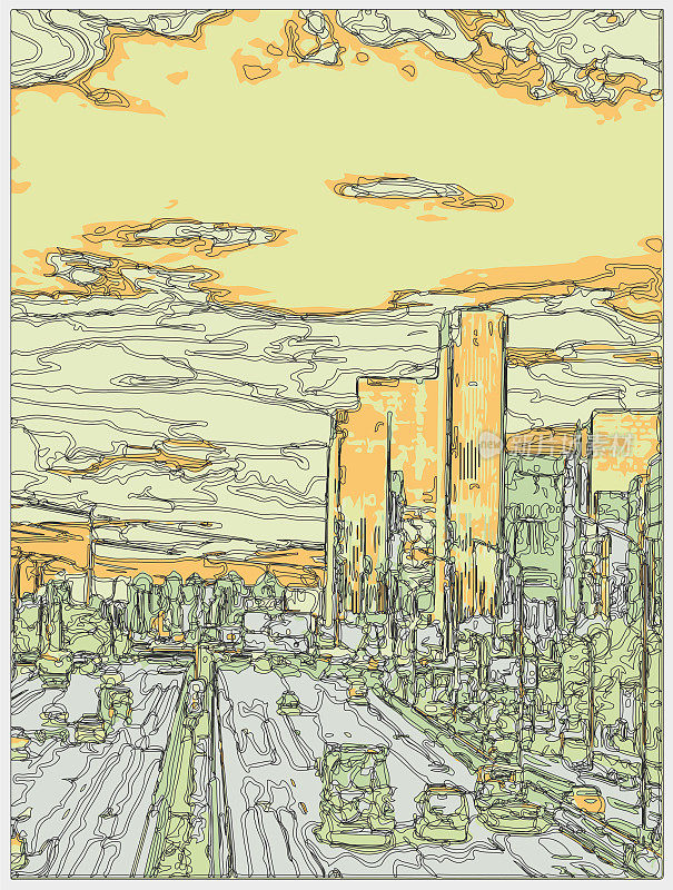 轮廓风格霓虹色彩的超宇宙卡通城市街景