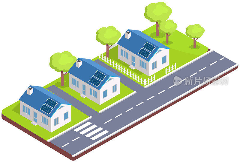 乡间别墅，乡间别墅，街边的小别墅，屋顶上有太阳能电池板的单层建筑