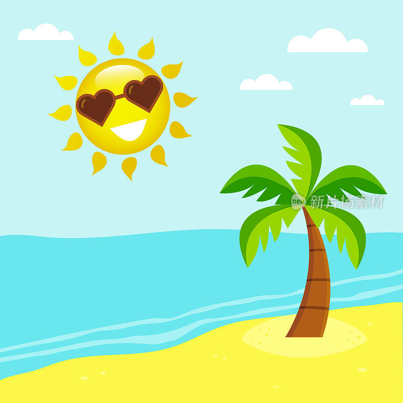 夏日卡椰子树在海滩上与海景和阳光在天空