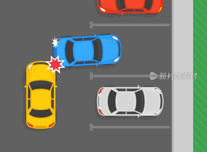 安全停车提示和规则。停车场发生车辆驶近事故。一个移动的倒车碰撞的俯视图。