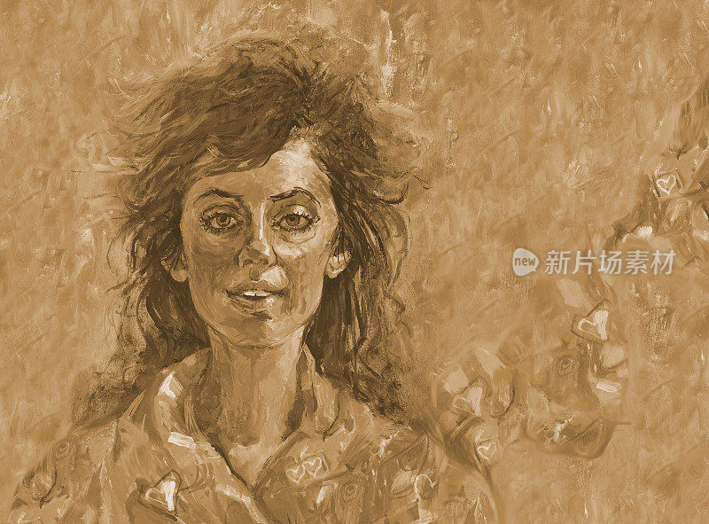 棕褐色插图油画，一个微笑的长发女孩的肖像