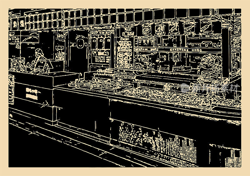 商场开冰柜,抽象艺术木刻商业场景背景