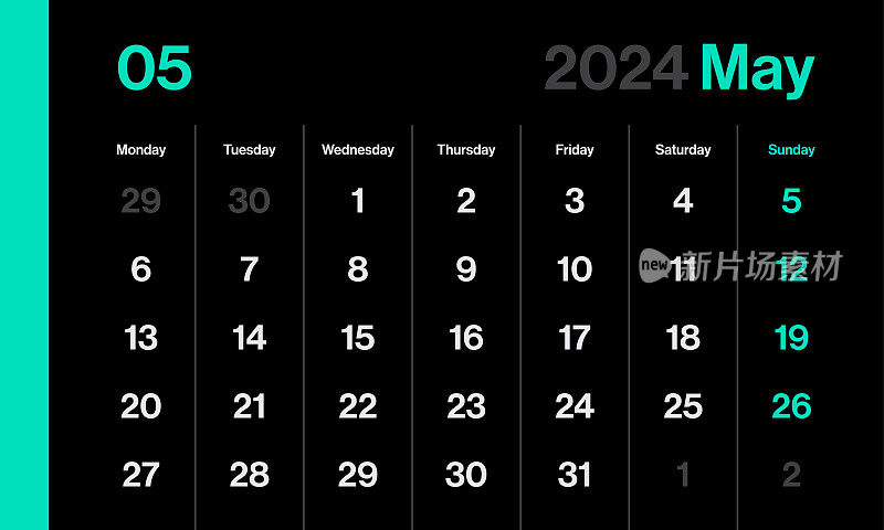 2024年5月-月历。黑暗极简主义风格的景观水平日历2024年。向量模板。这一周从星期一开始