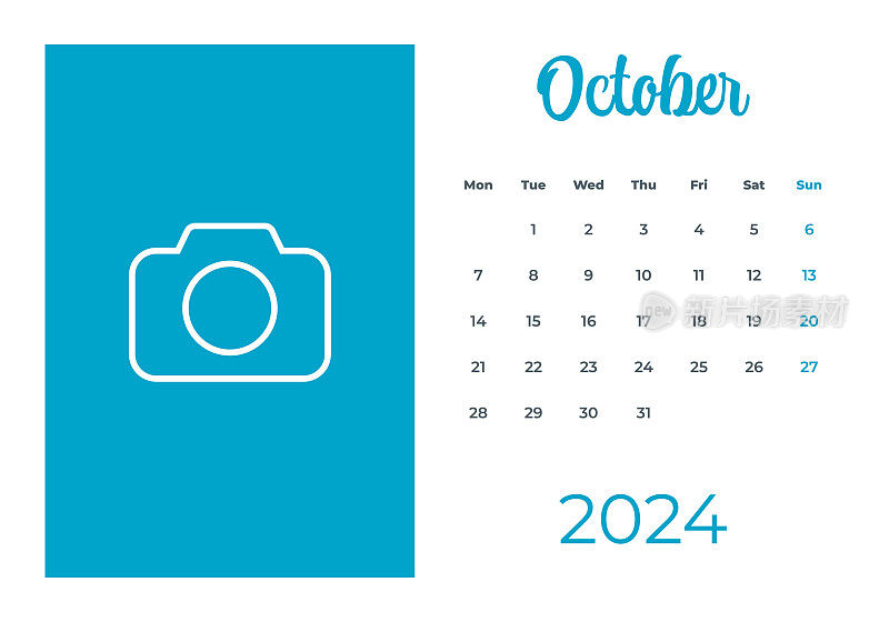 2024年10月-日历与照片或插图的地方。日历矢量模板为2024年。这一周从星期一开始