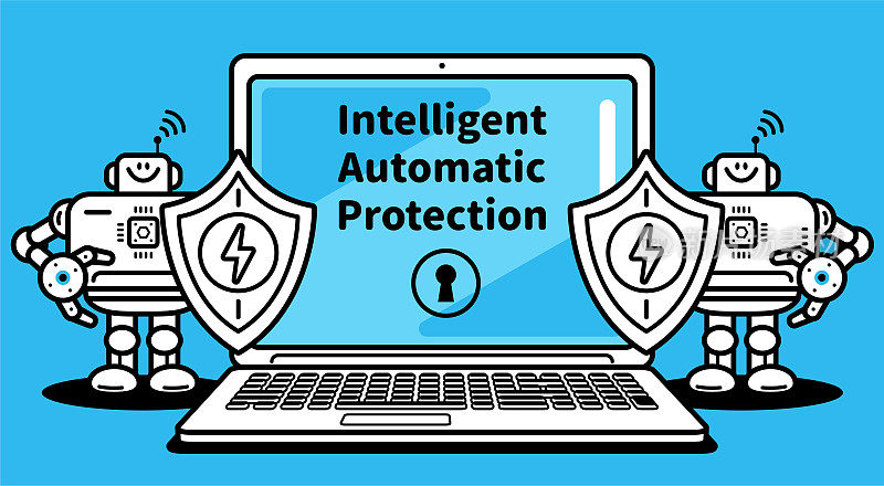 智能自动保护，两个人工智能机器人拿着强大的盾牌站在笔记本电脑旁
