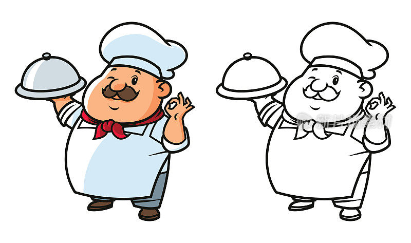 戴着帽子和标志的快乐大厨。厨师，面包师徽章。食物，餐厅概念。