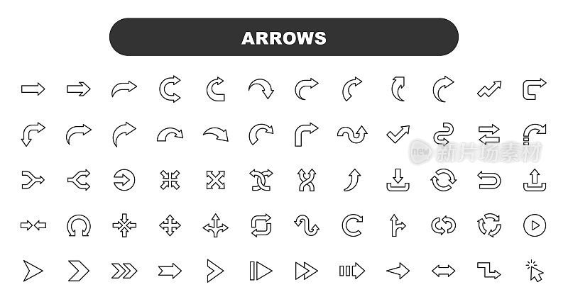 箭头线图标。可编辑的中风。包含诸如方向，交通标志，导航，用户界面设计，流程图等图标。