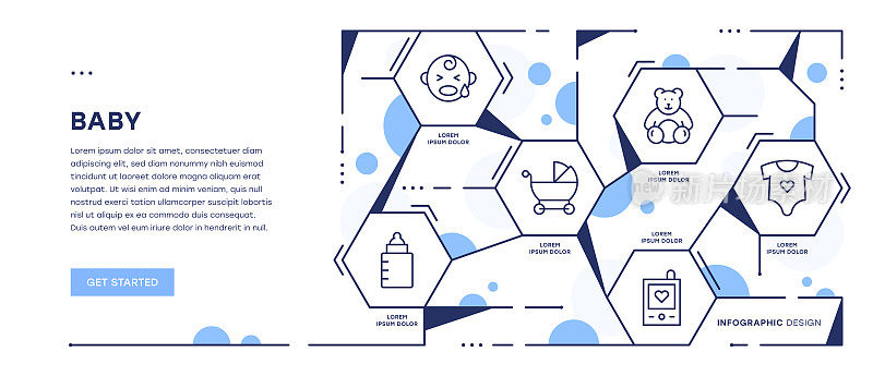 婴儿信息图表网页横幅与可编辑的笔画图标