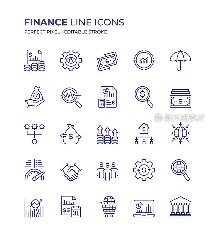 财务可编辑行图标集包含财务报表，现金流量，投资，金融贷款，预算，费用，收入，银行等图标