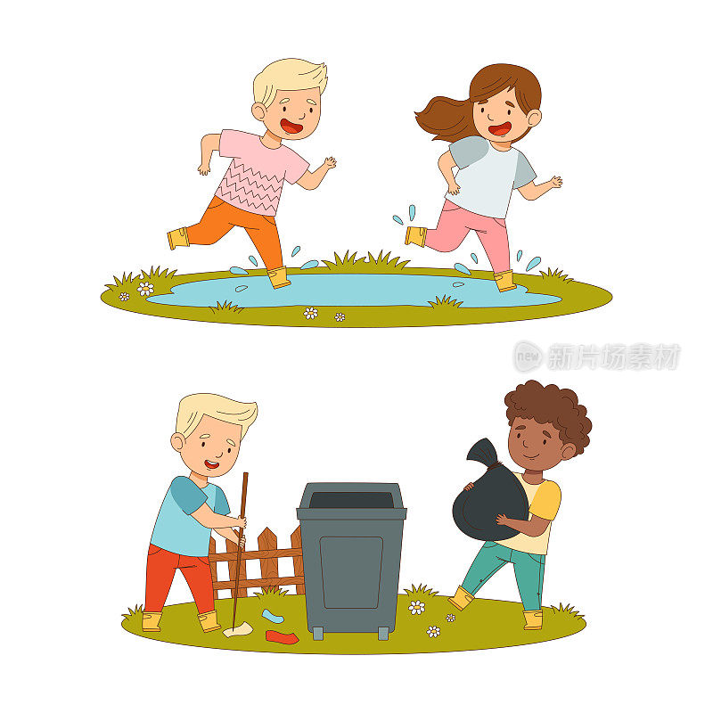 幼儿春季活动设置。可爱的孩子在橡胶靴子跳水坑和清洁城市公园卡通矢量插图