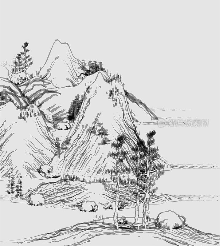 中国传统山水画艺术插画，山树流水