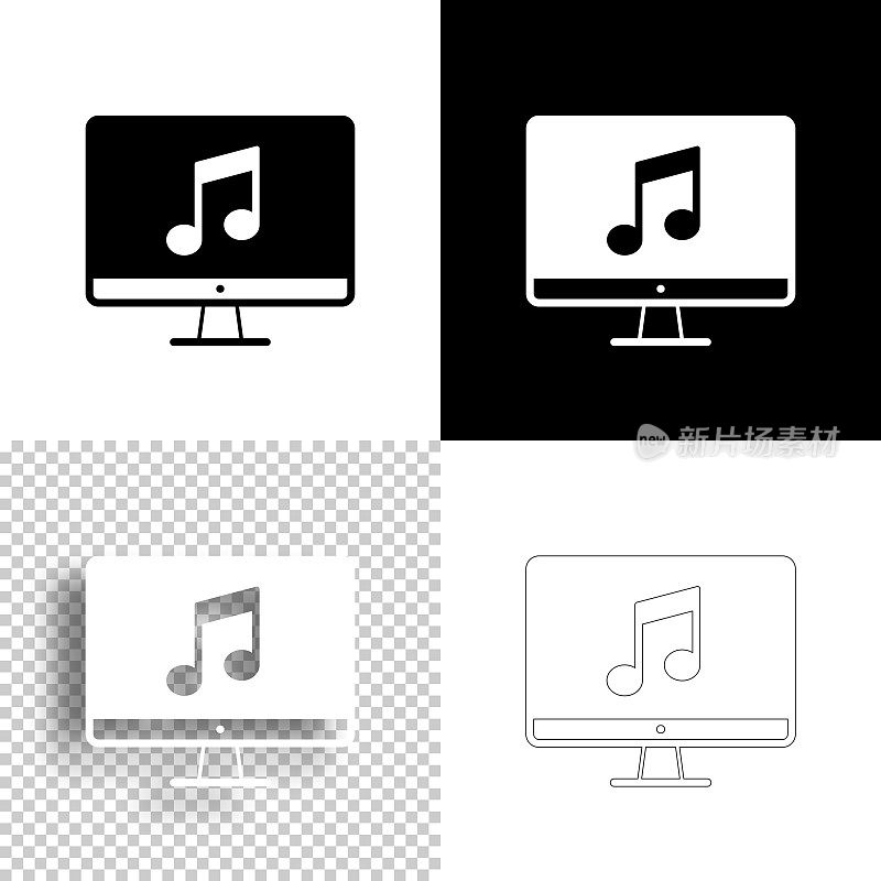 台式电脑上的音乐。图标设计。空白，白色和黑色背景-线图标