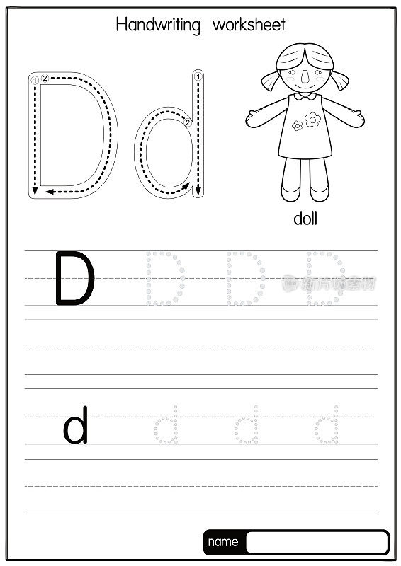 黑白矢量插图娃娃与字母D大写字母或大写字母为儿童学习练习ABC