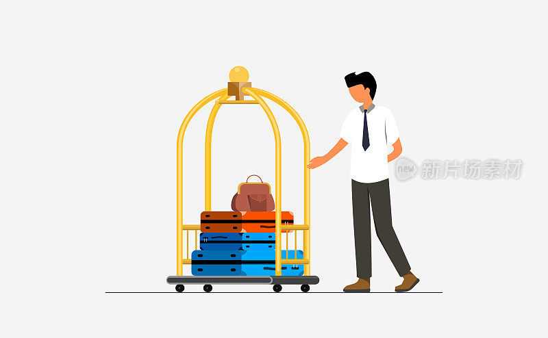 矢量插图的门童站在酒店手推车和行李