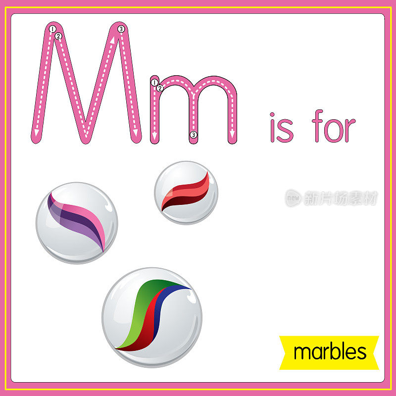矢量插图学习字母为儿童与卡通形象。字母M代表弹珠。