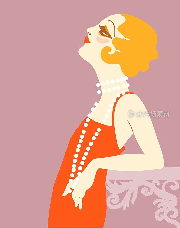 20世纪20年代时尚红裙的摩登女郎。向量复古的女人金发和时尚长项链在她的脖子。