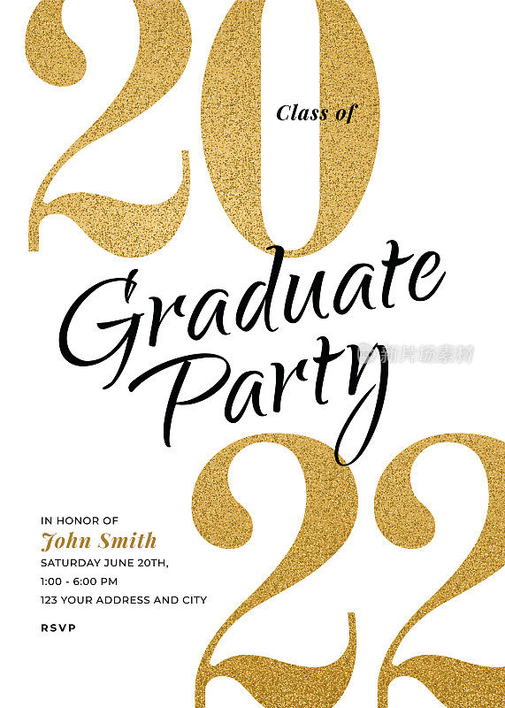 2022届毕业班。聚会的邀请。闪闪发光的金色贺卡。