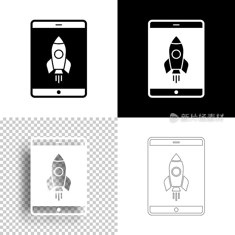 带火箭的平板电脑。图标设计。空白，白色和黑色背景-线图标