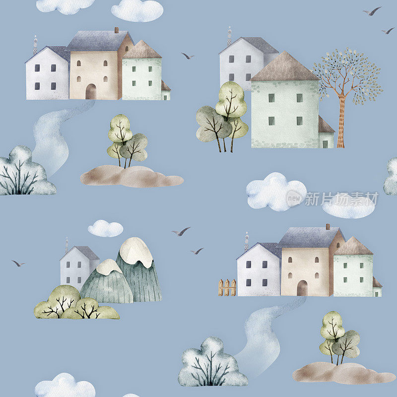 水彩无缝自然模式与房屋和云彩。这是一张儿童房的设计插图和一张明信片，手工上色。