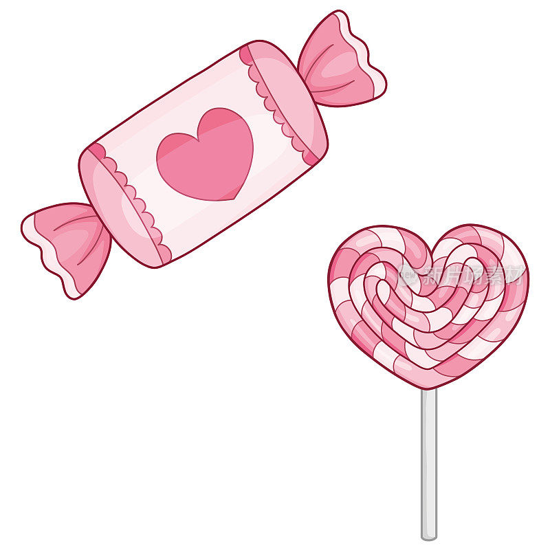 心形的粉色棒棒糖和糖果或巧克力，用情人节的心包装