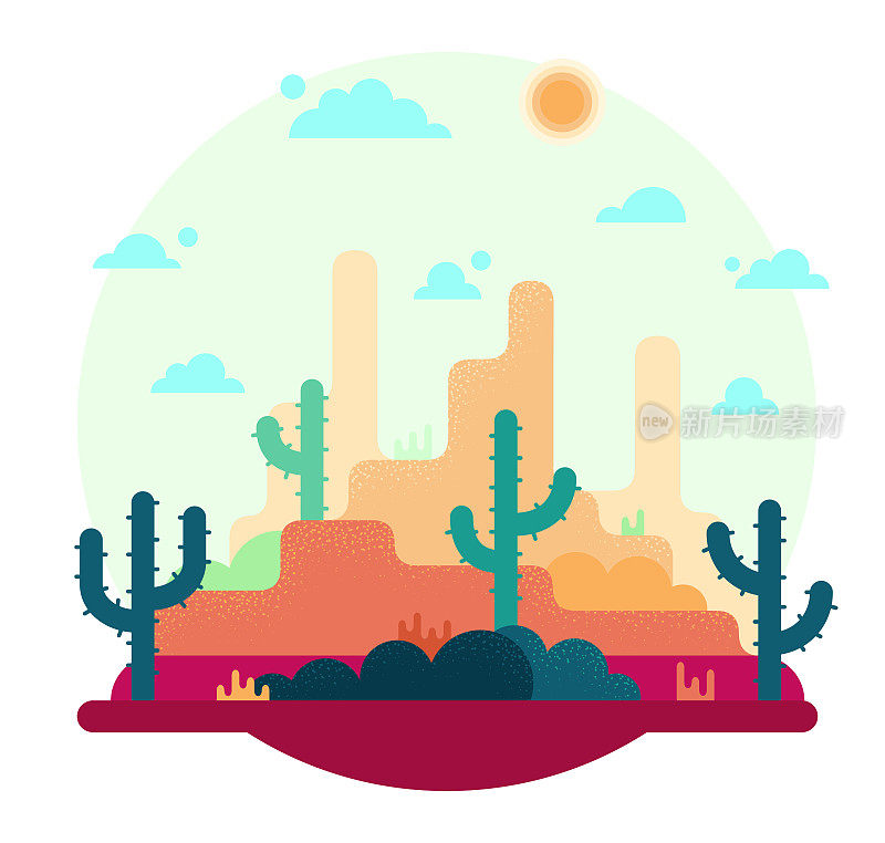 沙漠，岩石和太阳下的仙人掌，矢量平面动画插图在游戏设计