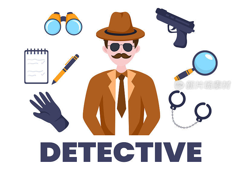 私人侦探或侦探收集信息，以解决犯罪的设备，如放大镜，手铐和其他在卡通背景插图