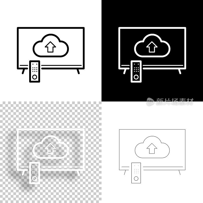 从电视上的云上传。图标设计。空白，白色和黑色背景-线图标