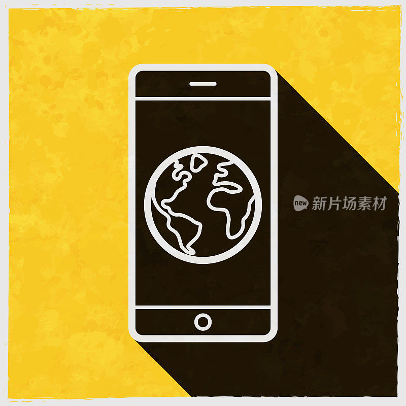 智能手机与地球。图标与长阴影的纹理黄色背景