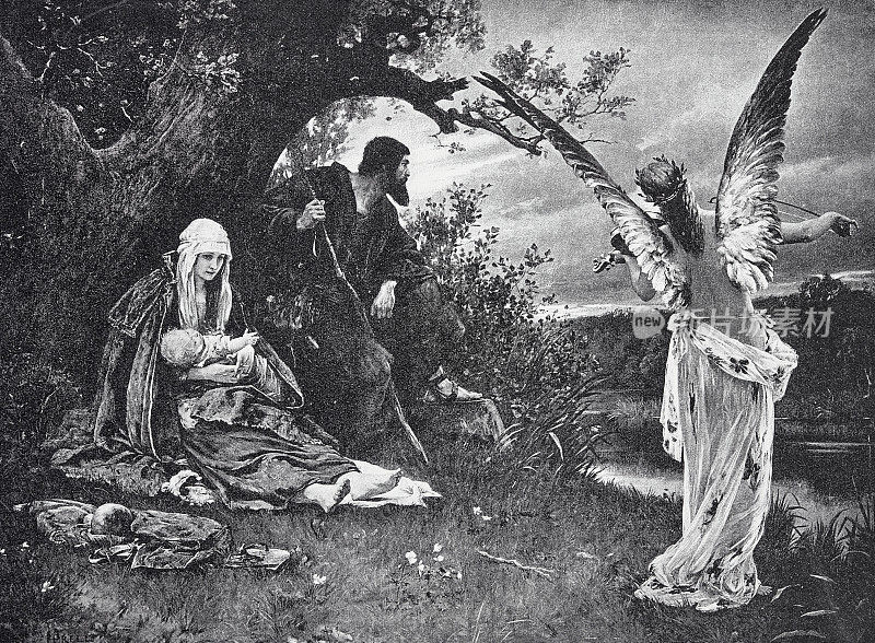 玛丽和约瑟夫在逃亡中,由天使守护