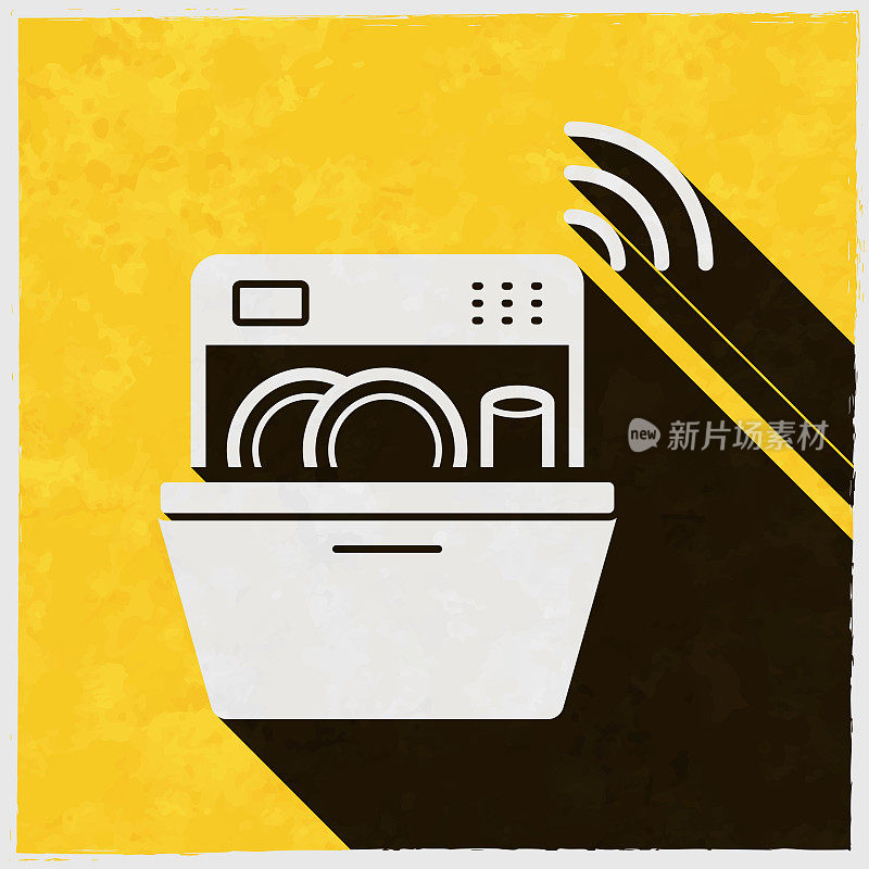 聪明的洗碗机。图标与长阴影的纹理黄色背景