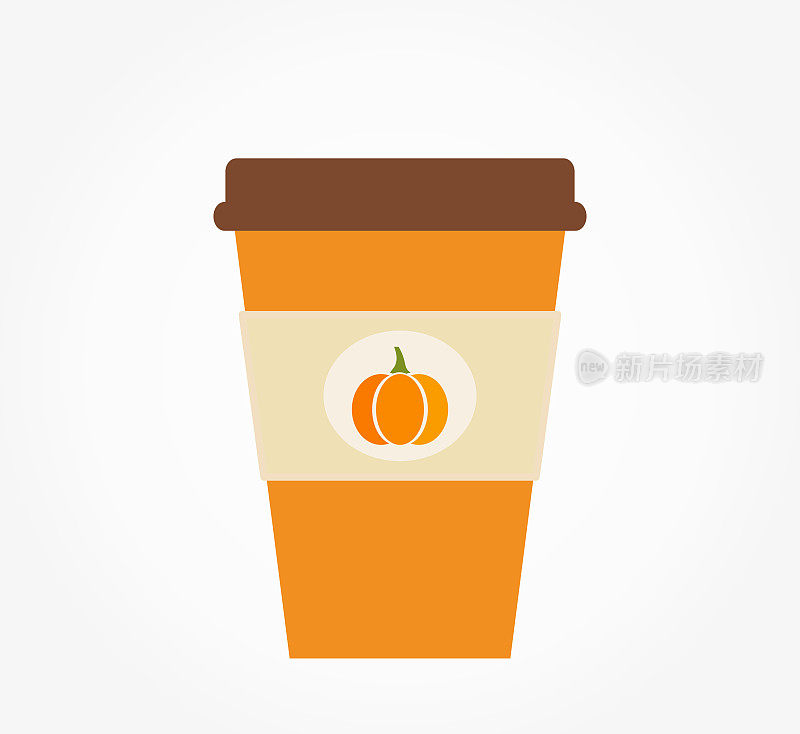 南瓜味拿铁，橙色纸杯秋季咖啡，白色背景。