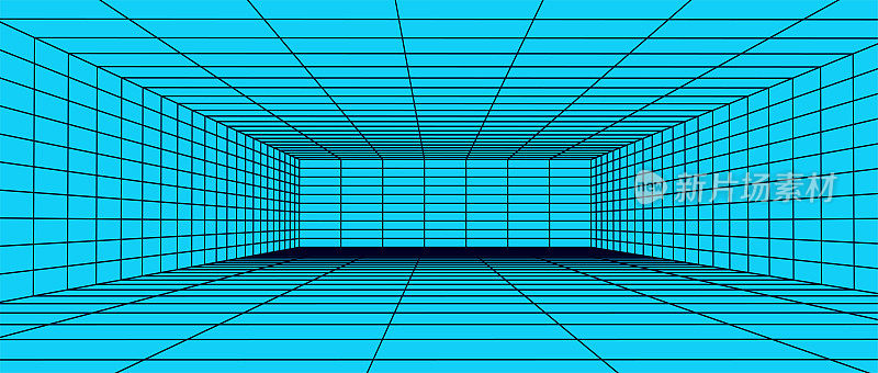 蓝色背景的3D线框房间。抽象的角度网格。矢量插图。